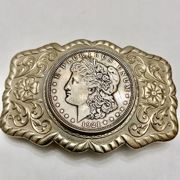 Antique 1921 Silver Morgan Dollar Coin Buckle 3.25in x 2.25in - Picture 1 of 10